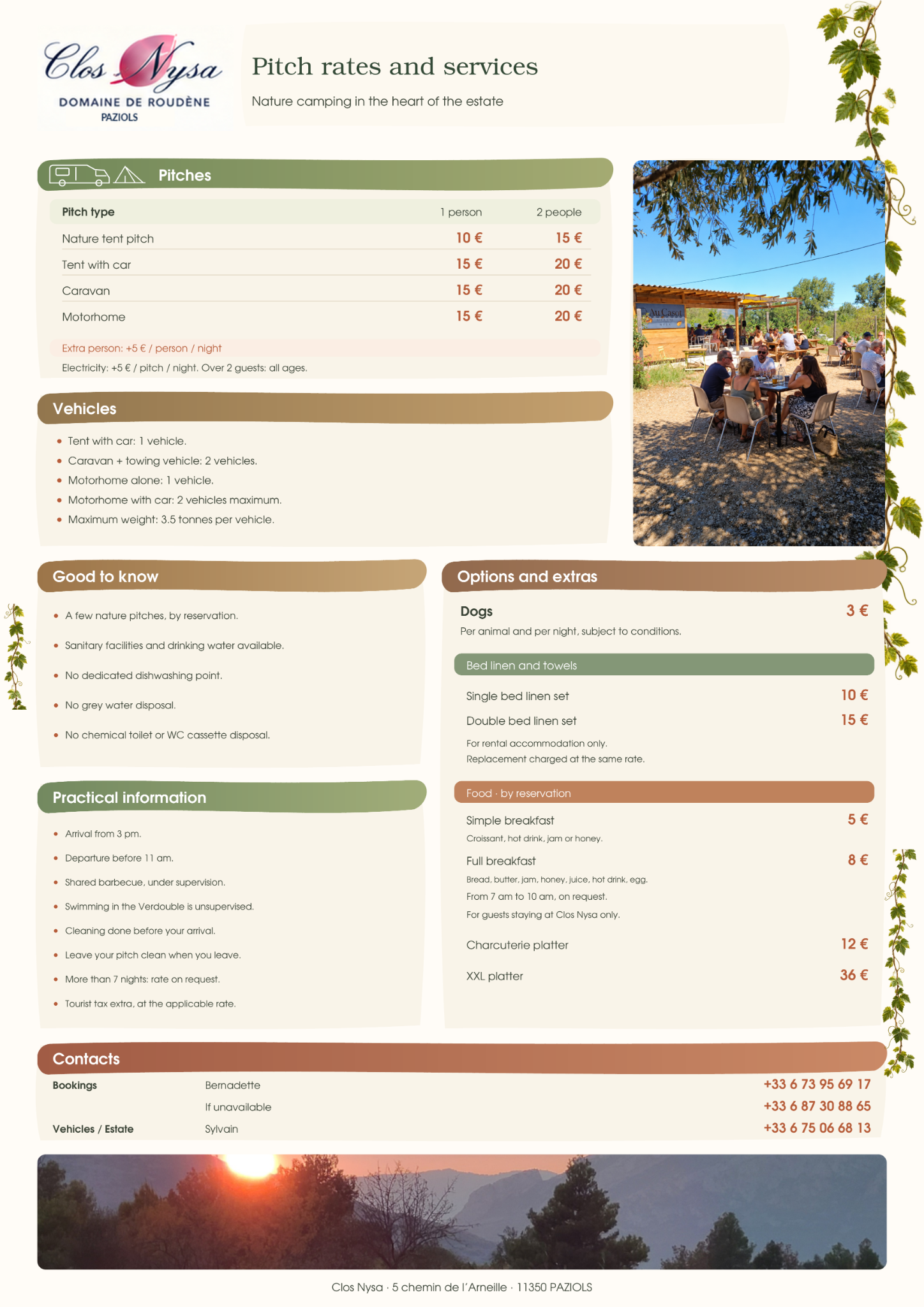Pitches & services — 2026 rates for pitches, options, tourist tax and practical information
