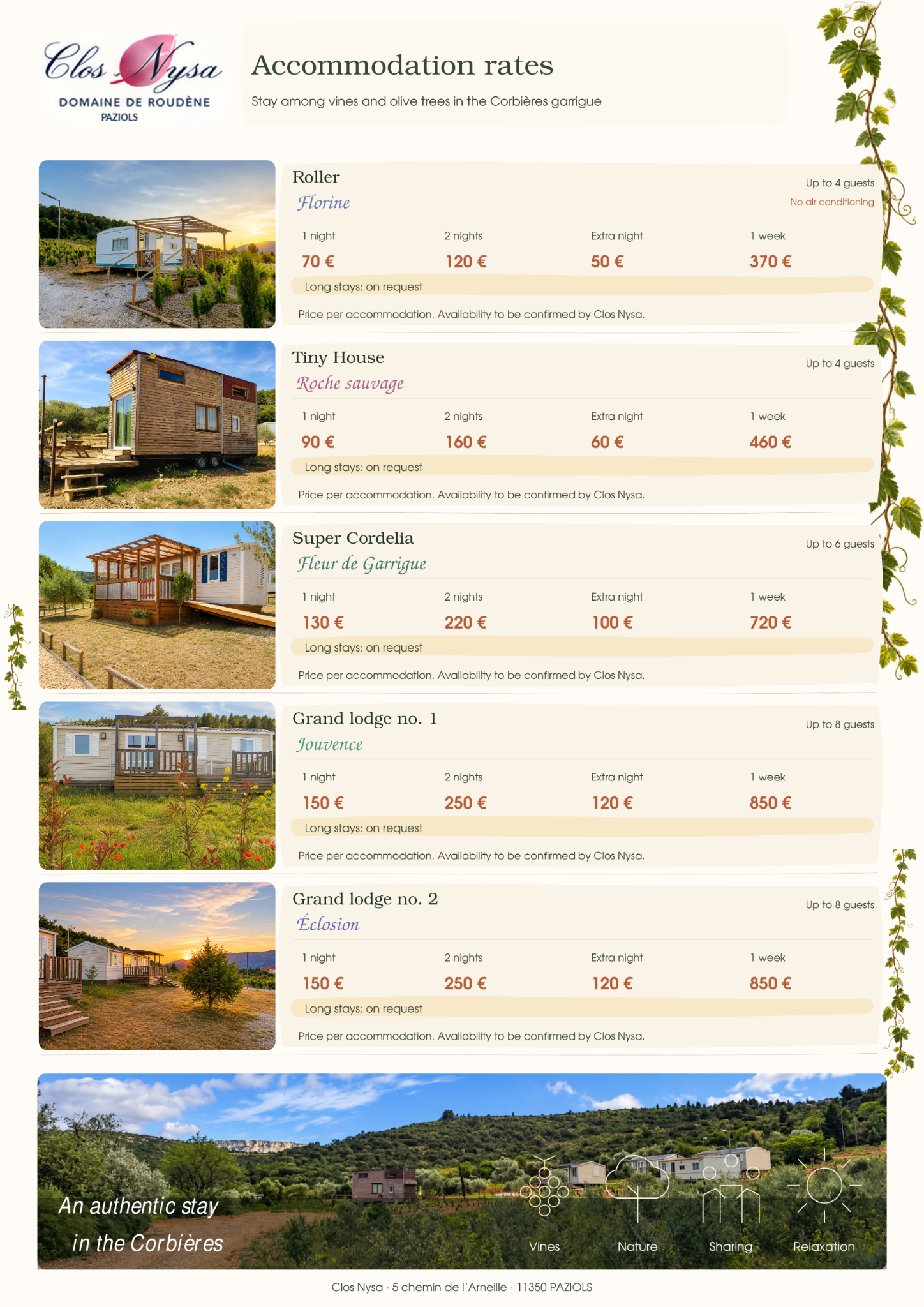 Clos Nysa 2026 accommodation rates
